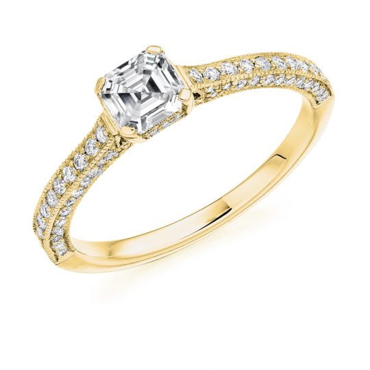 Asscher Cut Solitaire Engagement Ring With Milgrain & Diamond Detailed Edges