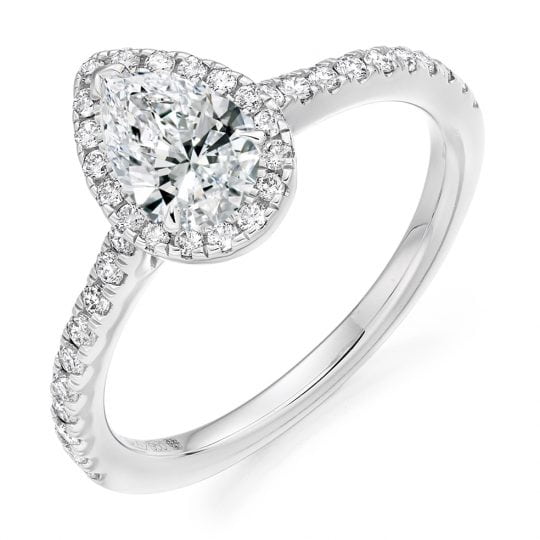 Pear Cut Halo Engagement Ring With Diamond Set Shoulders