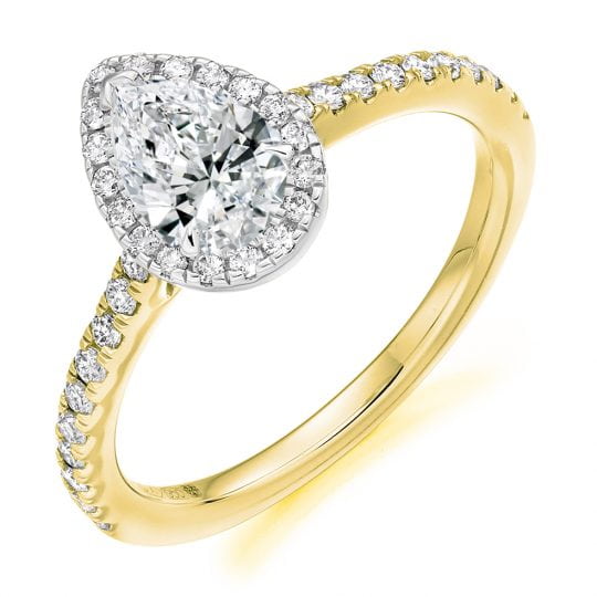 Pear Cut Halo Engagement Ring With Diamond Set Shoulders