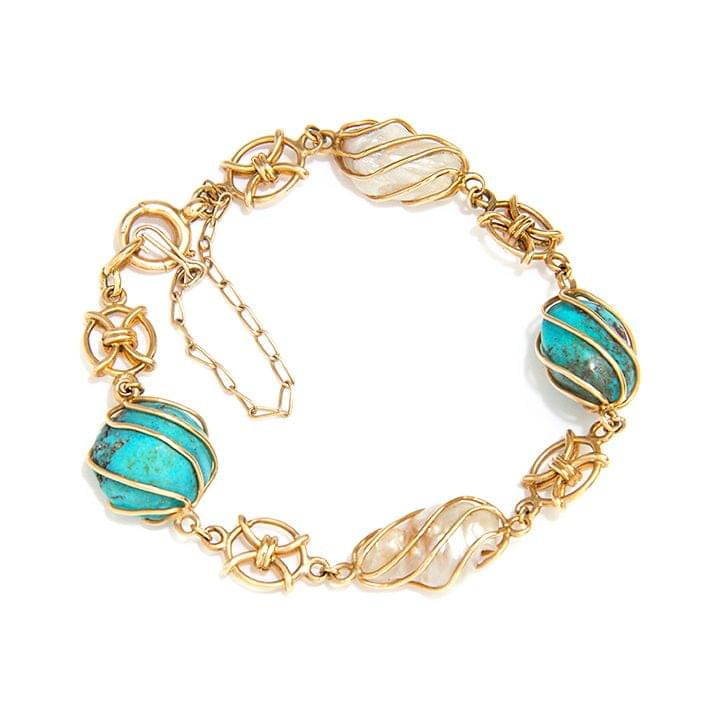 Turquoise and Pearl 15ct yellow gold wirework bracelet