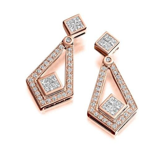 Round Brilliant & Princess Cut Diamond Drop Earrings
