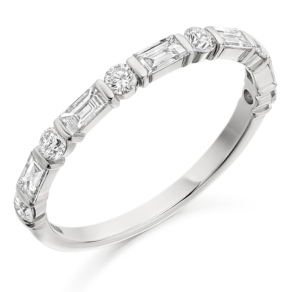 Platinum Round Brilliant And Baguette Cut Diamond Three Row Claw Set Full Eternity  Ring