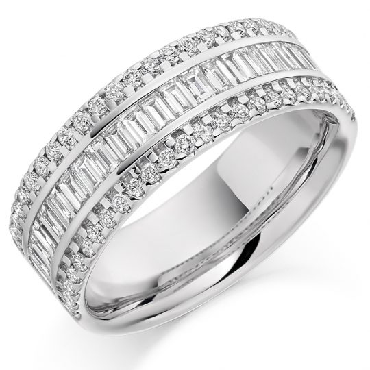 Round Brilliant & Baguette Cut Diamond 3 Row Half Eternity Ring