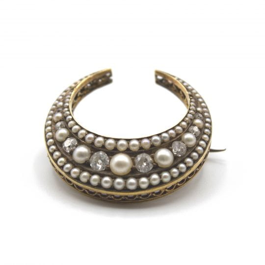 Old Cut Diamond & Pearl Crescent Brooch