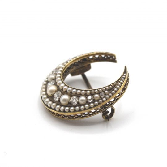 Old Cut Diamond & Pearl Crescent Brooch