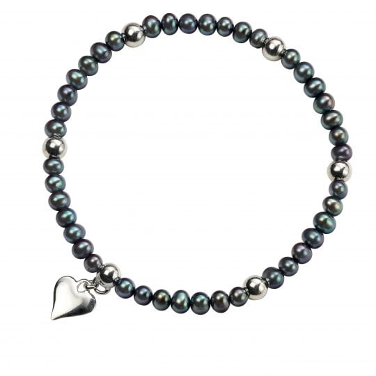 Gecko Elements Silver Black Freshwater Pearl & Heart Charm Bracelet