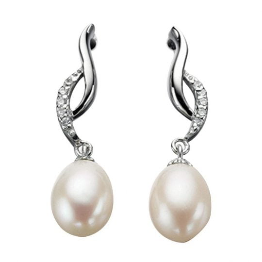 Gecko Elements Silver Freshwater Pearl & CZ Twist Earrings