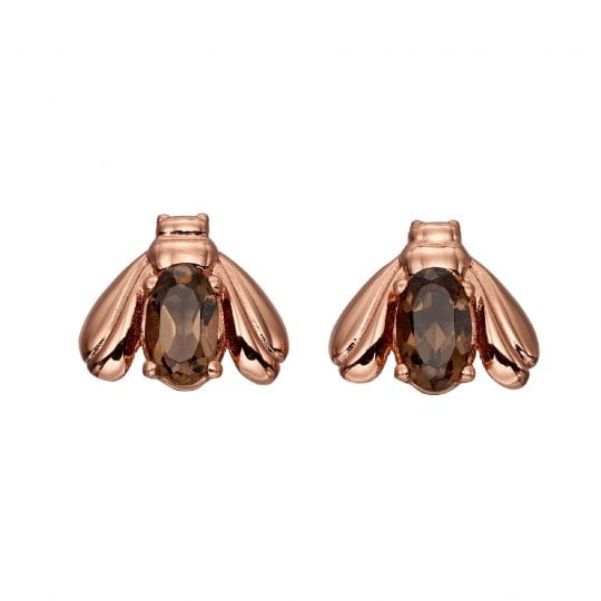 Gecko Elements Silver Rose Gold Plated Smokey Quartz Bee Stud Earrings