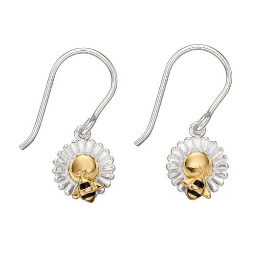 Gecko Elements Silver Flower & Bee Gold Plated Drop Earrings