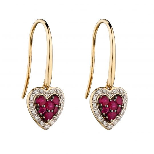 Gecko Elements Gold 9ct Ruby & Diamond Heart Drop Earrings