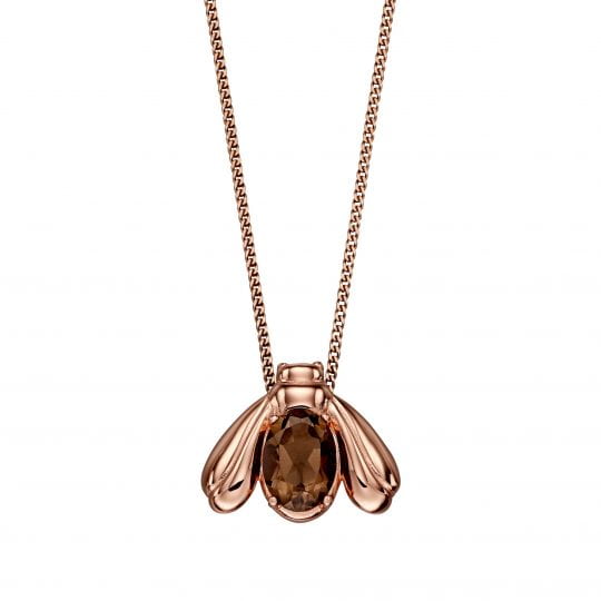 Gecko Elements Silver Rose Gold Plated & Smokey Quartz Bee Pendant