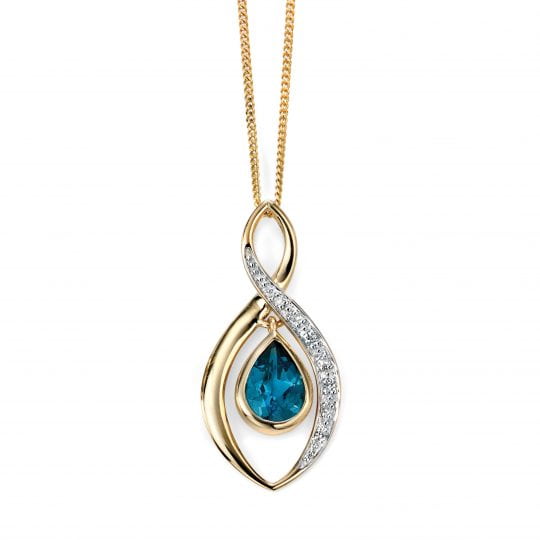 Gecko Elements Gold 9ct London Blue Topaz & Diamond Pendant