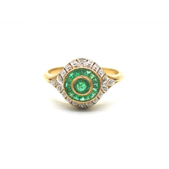 Deco Style Emerald & Diamond Target Ring