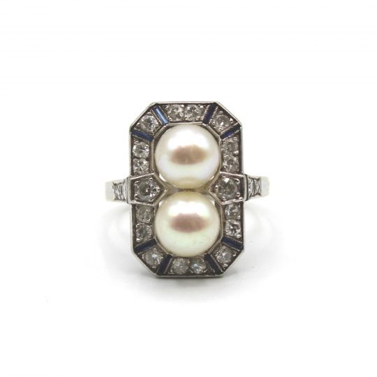 French Art Deco Akoya Pearl & Sapphire Plaque Ring