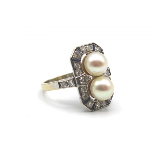 French Art Deco Akoya Pearl & Sapphire Plaque Ring