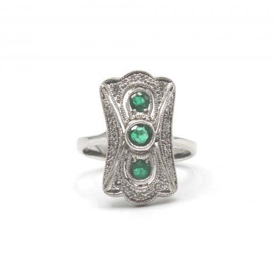 Deco Style Emerald & Diamond Plaque Ring