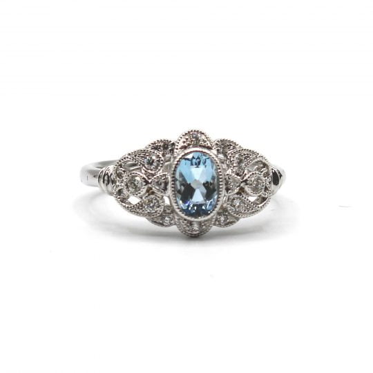 Edwardian Style Aquamarine & Diamond Engagement Ring
