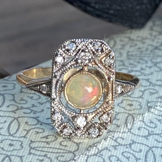 Deco Style Mixed Metal Opal & Diamond Ring