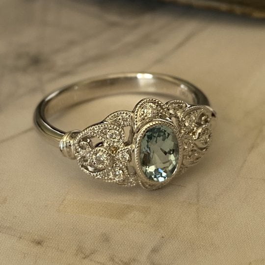 Edwardian Style Aquamarine & Diamond Engagement Ring