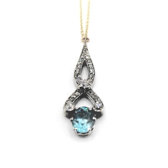 Art Nouveau Old Cut Diamond & Blue Zircon Necklace