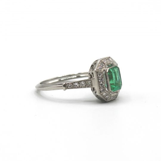 Vintage Deco Design Emerald & Diamond Engagement Ring