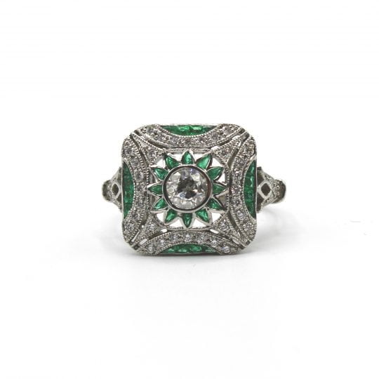 Vintage Deco Style Emerald & Diamond Plaque Ring