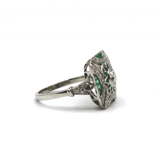 Vintage Deco Style Emerald & Diamond Plaque Ring