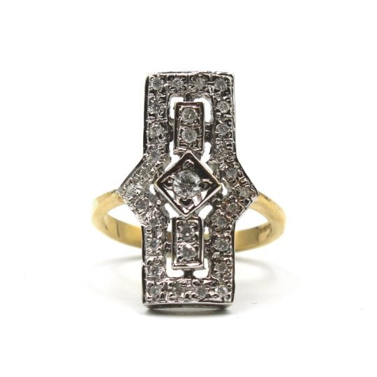 Deco Style Mixed Gold & Diamond Plaque Ring