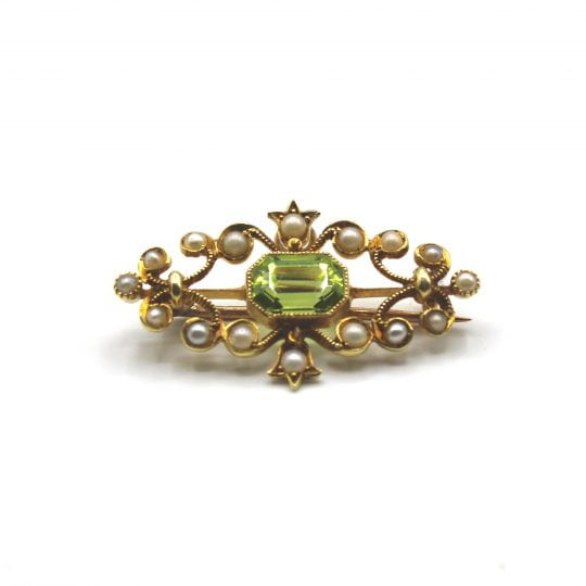 15ct Peridot & Seed Pearl Brooch