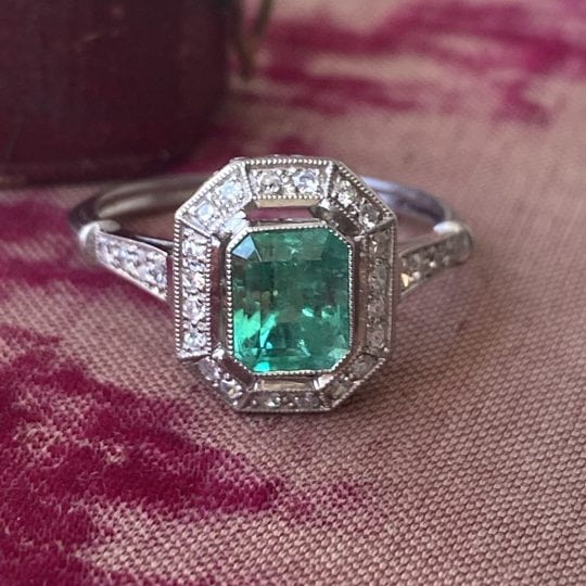 Vintage Deco Design Emerald & Diamond Engagement Ring