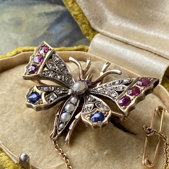 Victorian Rose Cut Diamond, Sapphire & Ruby Butterfly Brooch