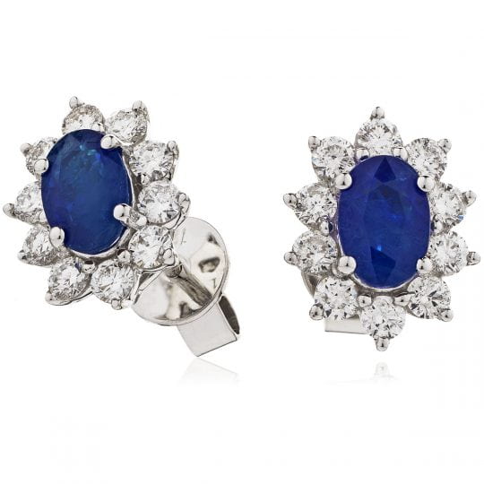 Oval Cut Blue Sapphire With Diamond 10 Stone Cluster Stud Earrings