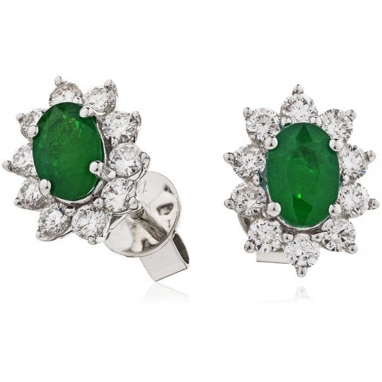 Oval Cut Emerald With Diamond 10 Stone Cluster Stud Earrings