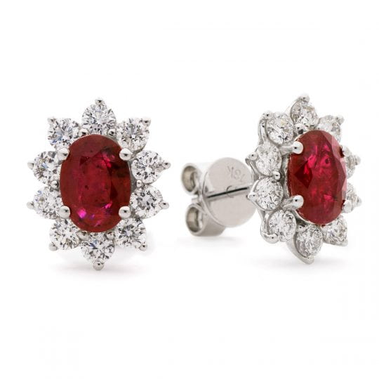 Oval Cut Ruby With Diamond 10 Stone Cluster Stud Earrings