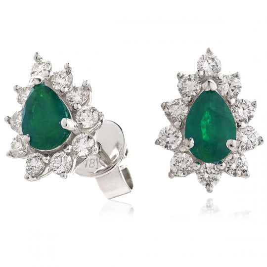 Pear Cut Emerald With Diamond Cluster Stud Earrings
