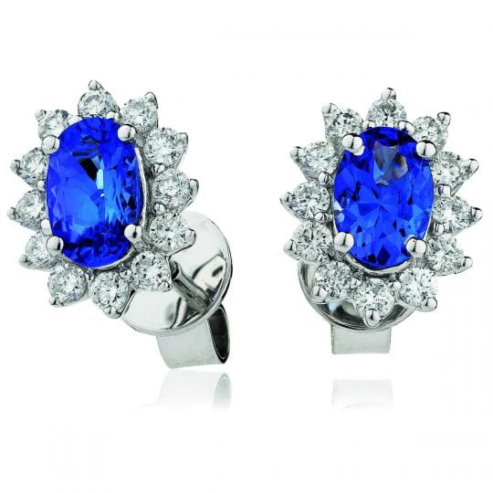 Oval Cut Blue Sapphire With Diamond 12 Stone Cluster Stud Earrings