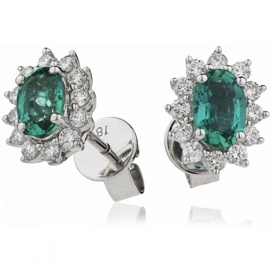 Oval Cut Emerald With Diamond 12 Stone Cluster Stud Earrings