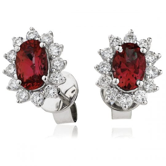 Oval Cut Ruby With Diamond 12 Stone Cluster Stud Earrings