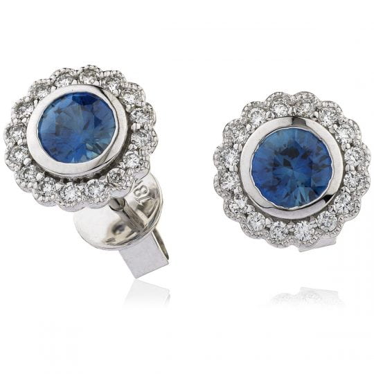 Round Cut Rubover Set Blue Sapphire & Diamond Stud Earrings