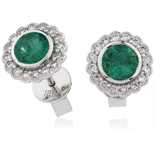 Round Cut Rubover Set Emerald & Diamond Stud Earrings