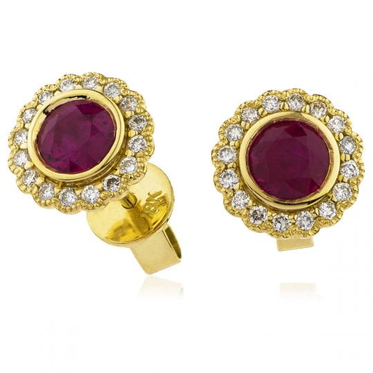 Round Cut Rubover Set Ruby & Diamond Stud Earrings