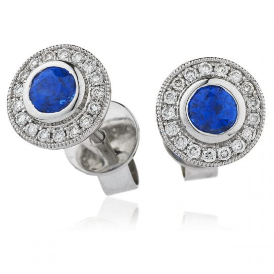 Round Cut Blue Sapphire With Grain Set Diamond Halo Stud Earrings