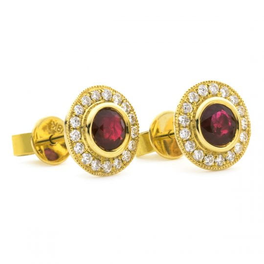 Round Cut Ruby With Grain Set Diamond Halo Stud Earrings