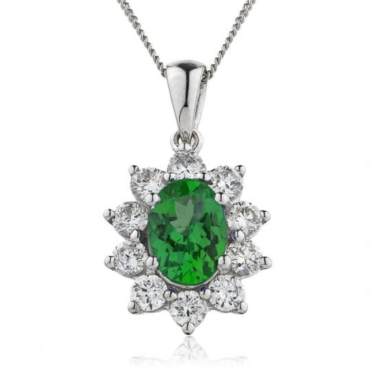 Oval Cut Emerald With Diamond 10 Stone Cluster Necklace
