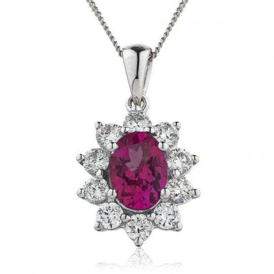 Oval Cut Ruby With Diamond 10 Stone Cluster Necklace