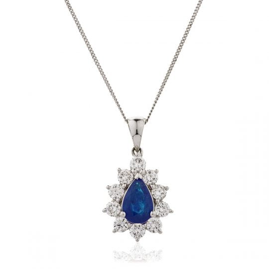 Pear Cut Blue Sapphire With Diamond Cluster Necklace
