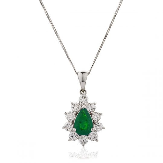 Pear Cut Emerald With Diamond Cluster Necklace