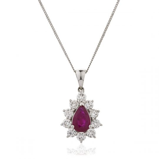 Pear Cut Ruby With Diamond Cluster Necklace