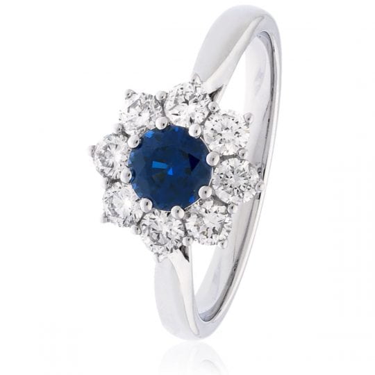 8 Stone Round Brilliant Cut Sapphire & Diamond Cluster Engagement Ring