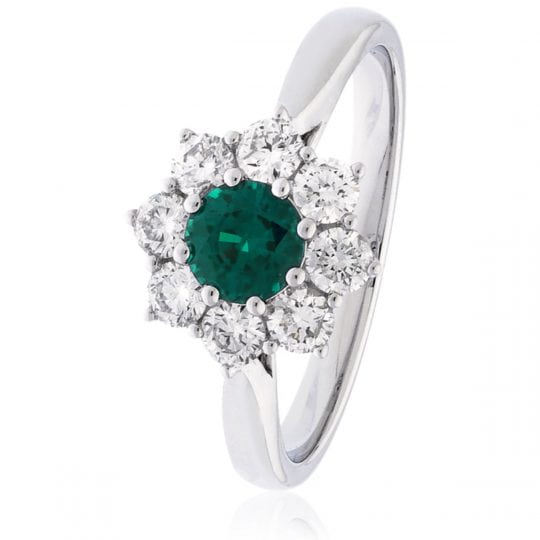 8 Stone Round Brilliant Cut Emerald & Diamond Cluster Engagement Ring